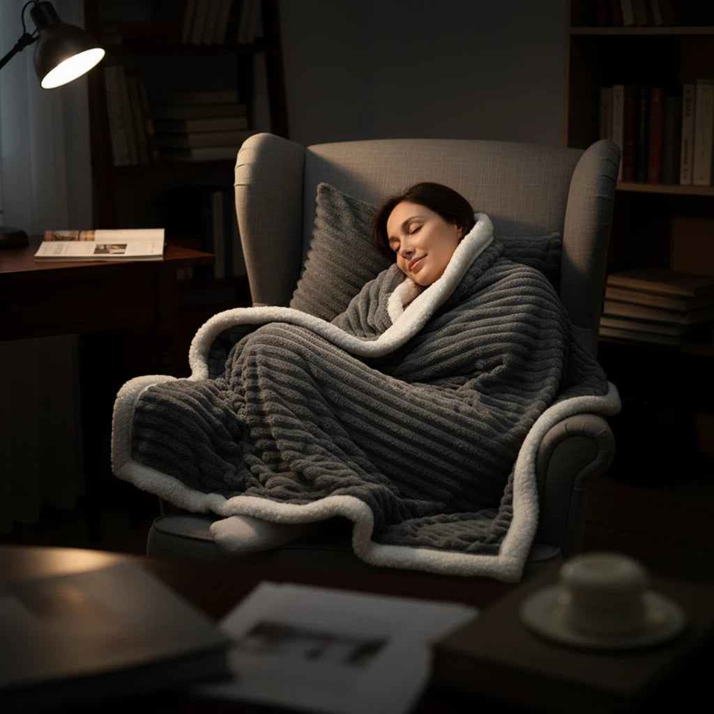 The Cloud-Soft Striped Throw draped on a sofa