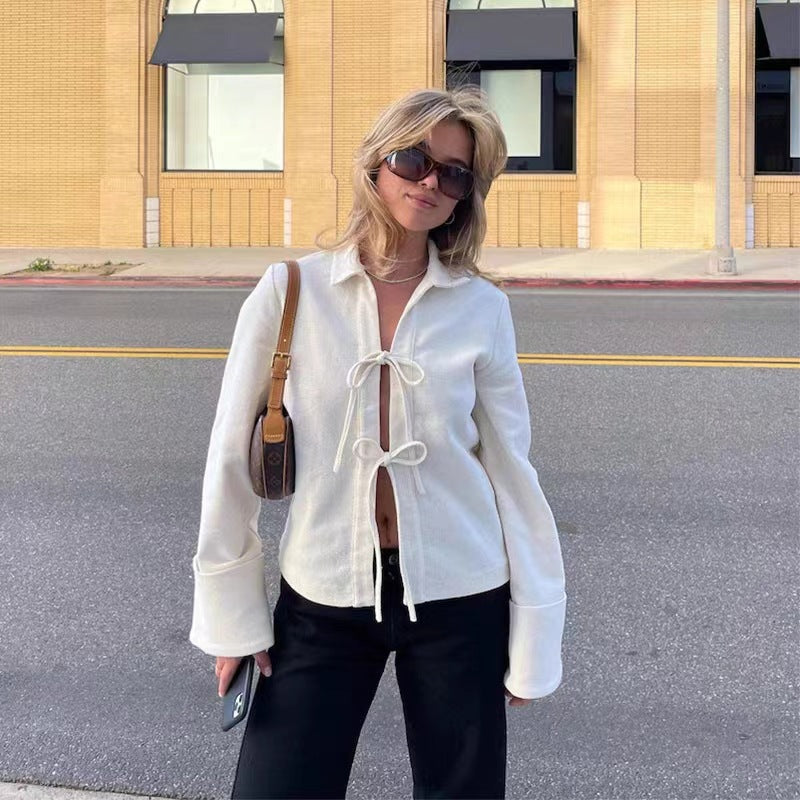 The Lace-Up Cardigan Jacket in apricot, alternate view